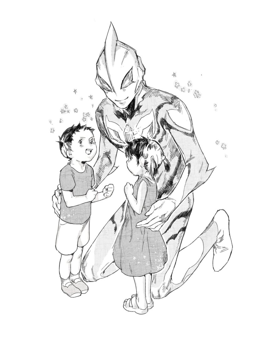 1girl 2boys :d alien child clenched_hands color_timer colored_skin commentary_request dress flower greyscale happy hatching_(texture) highres kneeling ling_du monochrome multicolored_skin multiple_boys no_pupils open_mouth sandals shirt shoes short_hair short_twintails shorts simple_background smile socks star_(symbol) tokusatsu twintails two-tone_skin ultra_series ultraman_geed ultraman_geed_(series)