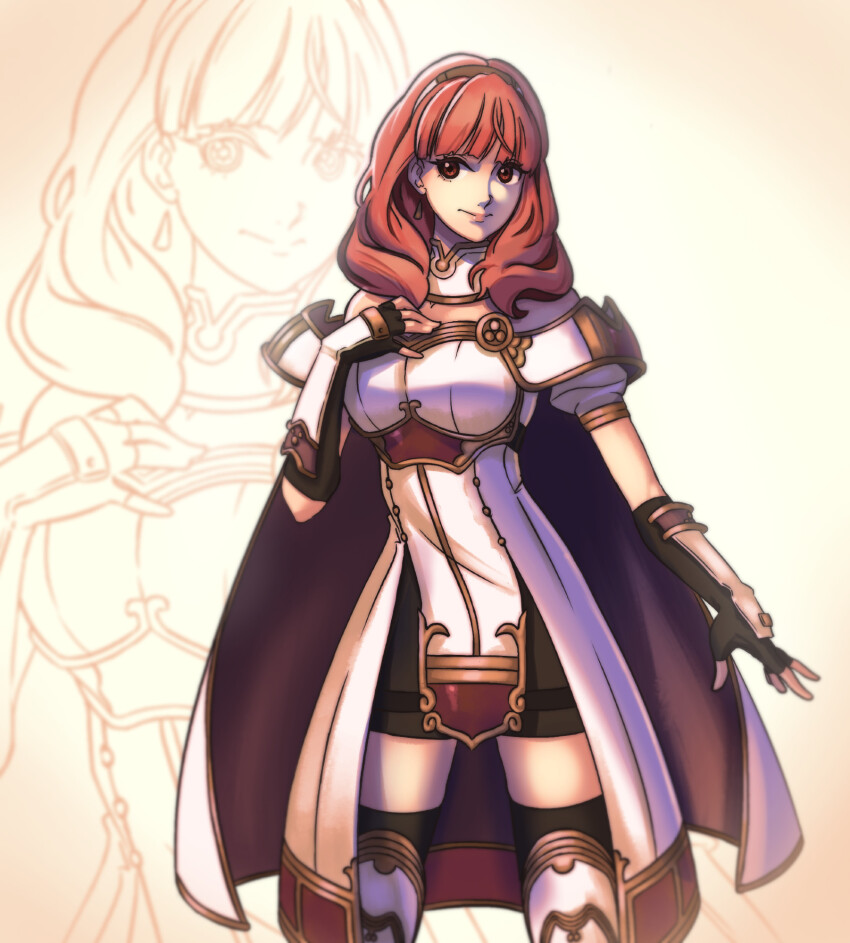 1girl armor armored_boots black_gloves black_skirt black_thighhighs boots breastplate cape celica_(fire_emblem) choker dress earrings fingerless_gloves fire_emblem fire_emblem_echoes:_shadows_of_valentia gloves highres jewelry long_hair nintendo princess red_eyes red_hair rodc_art skirt thighhighs tiara white_armor white_dress