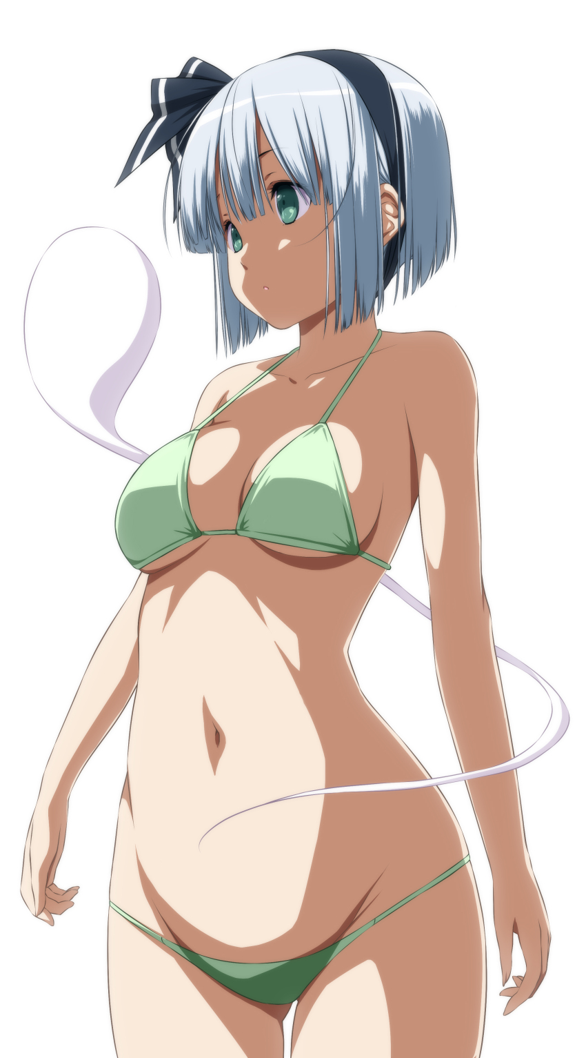 1girl absurdres bikini black_hair black_hairband breasts closed_mouth green_bikini green_eyes grey_hair hairband highres konpaku_youmu konpaku_youmu_(ghost) medium_breasts navel nori_tamago short_hair simple_background solo swimsuit touhou white_background