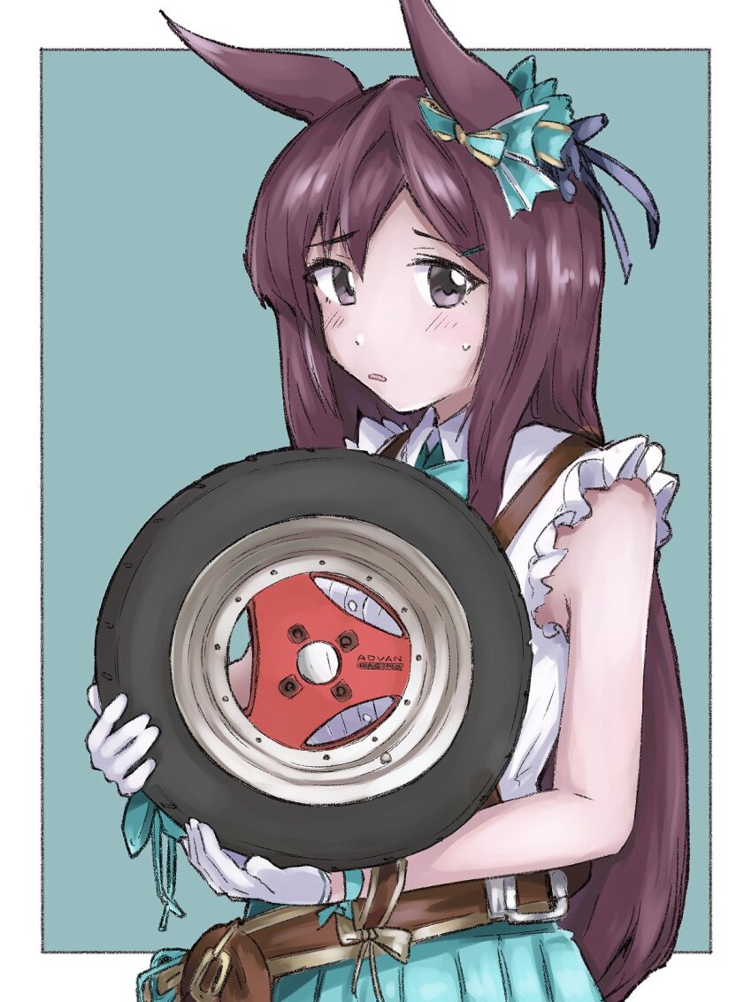 1girl animal_ears balladeluce belt blush brown_eyes brown_hair cowboy_shot gloves highres horse_ears horse_girl long_hair mejiro_dober_(umamusume) open_mouth pleated_skirt skirt solo sweatdrop umamusume unused_tire wheel white_gloves