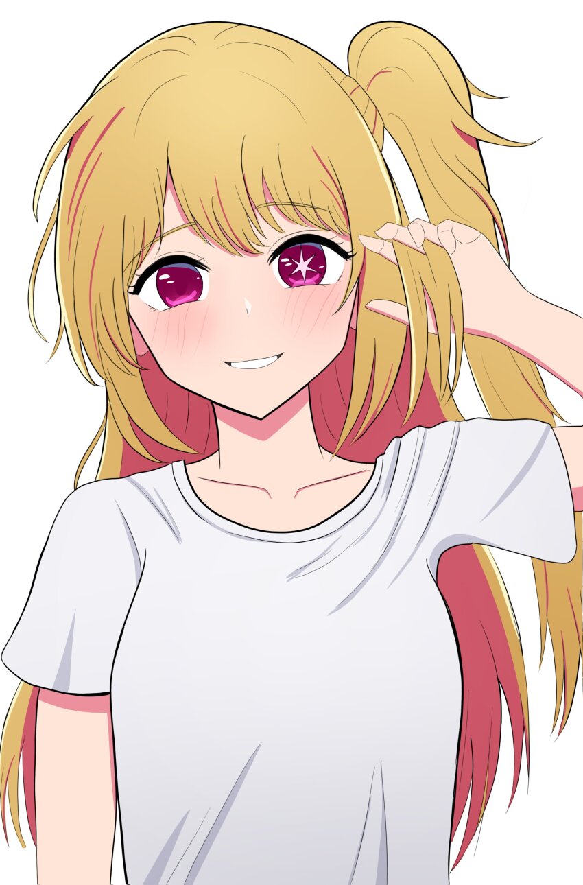 1girl absurdres anime_coloring blush breasts highres hoshino_ruby looking_at_viewer open_mouth oshi_no_ko self-upload shirt side_ponytail smile solo t-shirt white_background yissou_art