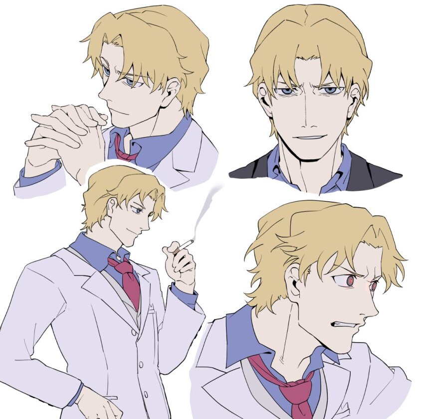 1boy blonde_hair blue_eyes blue_shirt cigarette clenched_teeth closed_mouth collared_shirt curtained_hair darker_than_black glowing_pupils holding holding_cigarette interlocked_fingers jacket looking_at_viewer male_focus manarou multiple_views necktie november_11_(darker_than_black) pink_necktie shirt short_hair simple_background smile sneer suit_jacket teeth upper_body white_background white_jacket
