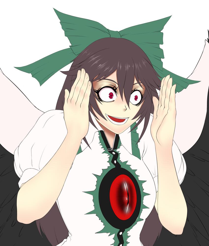 1girl absurdres black_wings bow breasts brown_hair cape collared_shirt feathered_wings frilled_shirt_collar frills green_bow hair_bow hands_up highres large_breasts long_hair looking_afar meme open_mouth puffy_short_sleeves puffy_sleeves red_eyes reiuji_utsuho shirt short_sleeves simple_background smile solo the_incredibles third_eye toetekenxal touhou upper_body white_background white_cape white_shirt wings you_dense_motherfucker_(meme)