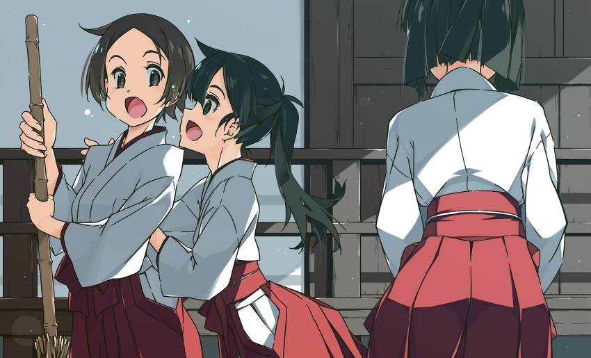 3girls :d bamboo_broom black_hair broom brown_eyes brown_hair copyright_request facing_away hair_between_eyes hakama hakama_skirt highres hip_vent holding holding_broom japanese_clothes kimono long_hair miko multiple_girls open_mouth parted_bangs ponytail profile red_hakama shikei short_hair skirt smile white_kimono