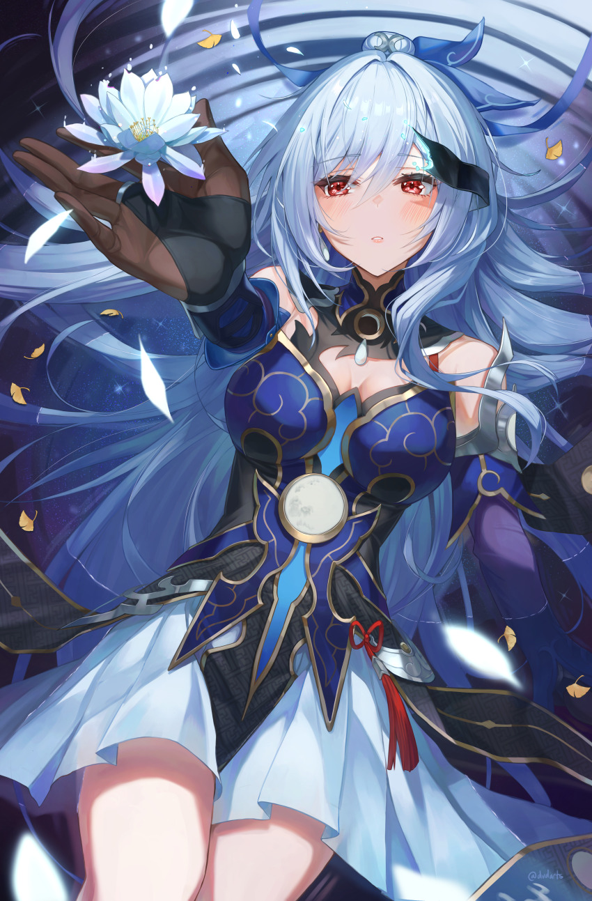 1girl absurdres afloat arm_up bare_shoulders black_gloves blue_sleeves commentary_request detached_sleeves dvdarts epiphyllum flower ginkgo_leaf gloves high_ponytail highres holding holding_flower honkai:_star_rail honkai_(series) jingliu_(honkai:_star_rail) leaf long_hair open_mouth partial_commentary ponytail red_eyes skirt solo tassel thighs water white_flower white_hair white_skirt