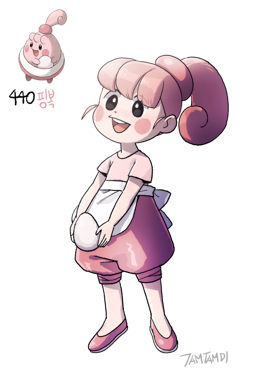 1girl artist_name black_eyes blush_stickers bright_pupils egg full_body game_freak gen_4_pokemon happiny highres holding holding_egg korean_commentary nintendo open_mouth pink_hair pink_shirt pink_shoes pink_shorts pokemon pokemon_(creature) ponytail puffy_shorts reference_inset shirt shoes short_sleeves shorts simple_background tamtamdi translated white_background white_pupils