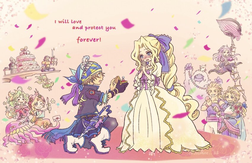 3girls 6+boys aircraft airship black_gloves black_hair black_jacket black_pants blonde_hair blue_bow blue_tank_top blush boots bouquet bow braid braided_ponytail cake celes_chere confetti cyan_garamonde detached_sleeves dress edgar_roni_figaro english_text final_fantasy final_fantasy_vi flower food full_body gau gloves green_hair grey_hair grin hair_bow headscarf highres holding holding_bouquet holding_paintbrush holding_sword holding_weapon jacket jasmine_82 locke_cole long_hair marriage_proposal monster moogle multiple_boys multiple_girls on_one_knee one_eye_closed open_mouth paintbrush pants ponytail puffy_short_sleeves puffy_sleeves red_dress red_sleeves relm_arrowny sabin_rene_figaro sash scar scar_on_face setzer_gabbiani short_sleeves single_braid single_glove smile sword tank_top tina_branford umaro waist_sash wavy_mouth weapon wedding_cake white_dress white_footwear yeti_(creature)
