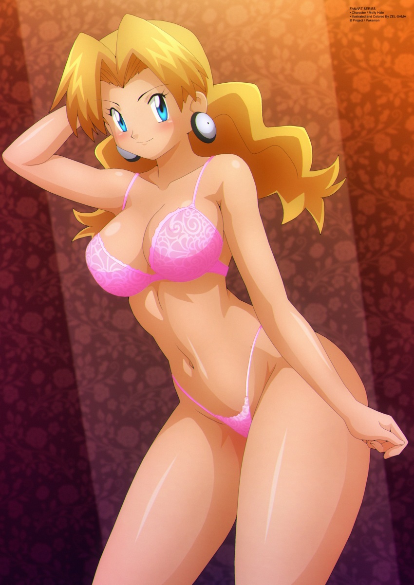 1girl absurdres arm_behind_head arm_up blonde_hair blue_eyes blush bra breasts cleavage collarbone earrings highres jewelry large_breasts long_hair looking_at_viewer molly_hale navel nintendo panties pink_bra pink_panties pokemon pokemon_(anime) pokemon_(classic_anime) pokemon_3:_the_movie_-_spell_of_the_unown:_entei smile standing underwear zel-sama