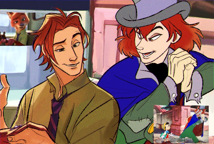 2boys ascot berry black_ascot blue_cape brown_eyes cane cape derivative_work food gloves green_shirt hair_between_eyes hat highres holding holding_cane holding_food honest_john_(disney) humanization long_sleeves male_focus messy_hair multiple_boys necktie nick_wilde open_mouth patchwork_clothes pinocchio_(disney_character) pinocchio_(disney_movie) red_hair screenshot_redraw shirt short_hair striped_necktie top_hat uochandayo zootopia