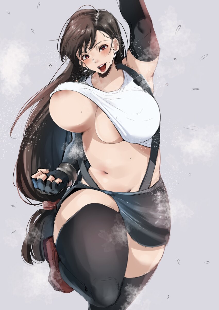 1girl areola_slip arm_up armpits black_gloves black_hair black_skirt black_thighhighs blush bouncing_breasts breasts brown_hair brown_shoes crop_top donkarasu_vgc elbow_gloves final_fantasy final_fantasy_vii fingerless_gloves gloves grey_background huge_breasts leg_up lips long_hair miniskirt navel open_mouth red_eyes shirt shoes skirt sleeveless sleeveless_shirt solo standing standing_on_one_leg steaming_body suspender_skirt suspenders sweat tank_top thick_thighs thighhighs thighs tifa_lockhart underboob wardrobe_malfunction white_tank_top