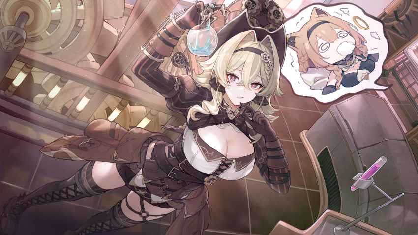 2girls @_@ absurdres animal_ears belt bibimbub boots breasts brown_hair cat_ears chibi chibi_inset cleavage finger_to_mouth flask foaming_at_the_mouth gears glint green_hair hairband halo hat highres holding holding_flask honkai_(series) honkai_impact_3rd large_breasts lying multiple_girls on_back pardofelis standing steampunk thigh_boots thigh_strap thighhighs top_hat vial vill-v volumetric_flask