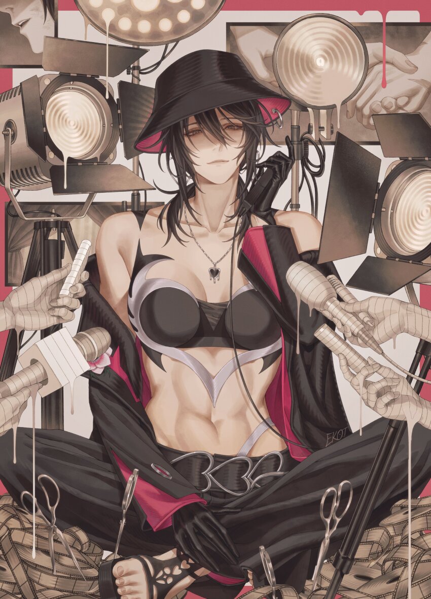 1girl 7nite abstract_background absurdres bandaged_hand bandaged_object bandages bare_shoulders belt black_belt black_coat black_footwear black_gloves black_hair black_hat black_pants black_tube_top cable coat collarbone commentary corded_phone deren_(path_to_nowhere) english_commentary fedora film_reel full_body gloves grey_eyes hair_between_eyes half-closed_eyes hand_up hat heart heart_belt heart_necklace heart_top highres holding holding_microphone holding_phone indian_style interview jewelry light_smile long_hair looking_at_viewer melting microphone midriff navel necklace off_shoulder pants path_to_nowhere phone sandals scissors signature sitting solo_focus stage_lights straight-on strapless toes toned toned_female tube_top two-sided_coat two-sided_fabric two-sided_headwear