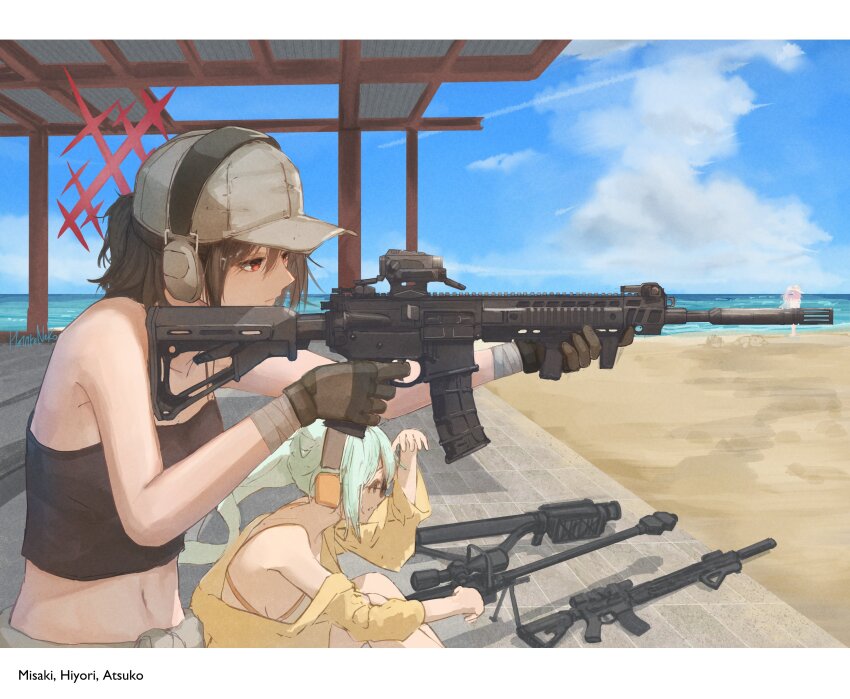 2girls absurdres aiming anti-materiel_rifle aqua_hair ar-15 assault_rifle bandages baseball_cap beach bipod black_hair blue_archive blue_sky cloud day ear_protection fim-92_stinger gun halo hat hetare_galm_sue highres hiyori_(blue_archive) holding holding_gun holding_weapon long_hair misaki_(blue_archive) multiple_girls ntw-20 ocean outdoors red_eyes rifle rocket_launcher sand scope shooting_range short_hair side_ponytail sky sniper_rifle weapon