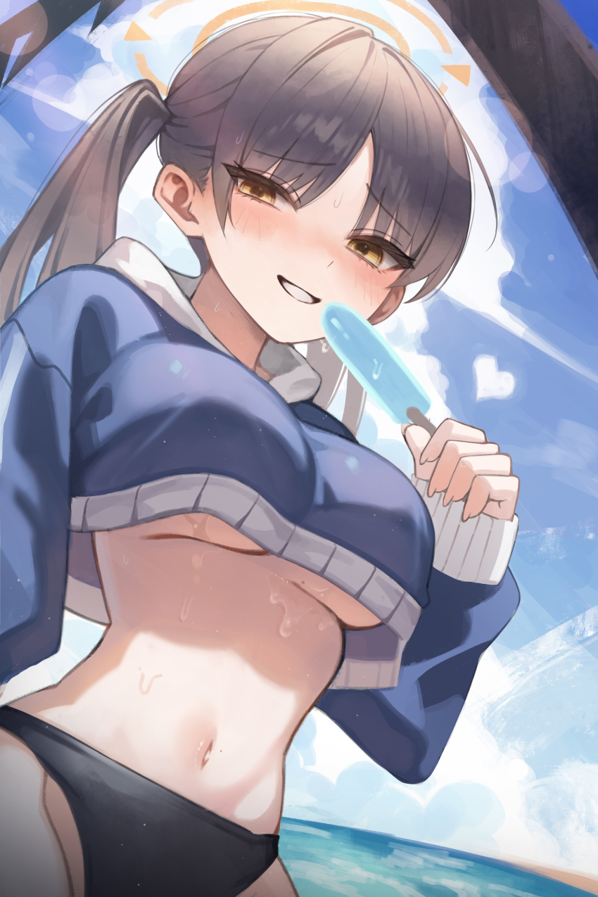 1girl absurdres bikini black_bikini blue_archive blue_sky blue_sweater breasts brown_eyes brown_hair cloud cropped_sweater food gi_myeong_02 halo highres holding holding_food holding_popsicle large_breasts long_hair looking_at_viewer moe_(blue_archive) moe_(swimsuit)_(blue_archive) navel no_bra ocean official_alternate_costume official_alternate_hairstyle orange_halo outdoors parted_lips popsicle sky solo stomach sweater swimsuit twintails underboob