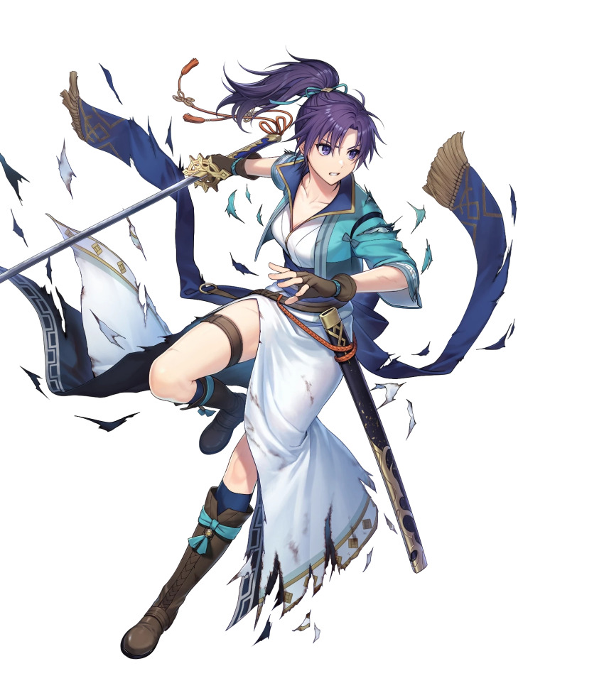 1girl boots fingerless_gloves fir_(fire_emblem) fir_(swordmaiden)_(fire_emblem) fire_emblem fire_emblem:_the_binding_blade fire_emblem_heroes full_body gloves highres japanese_clothes kiyu_(zuyu) knee_boots long_hair nintendo non-web_source obi official_art ponytail purple_eyes purple_hair sash short_sleeves solo sword thigh_strap torn_clothes transparent_background weapon