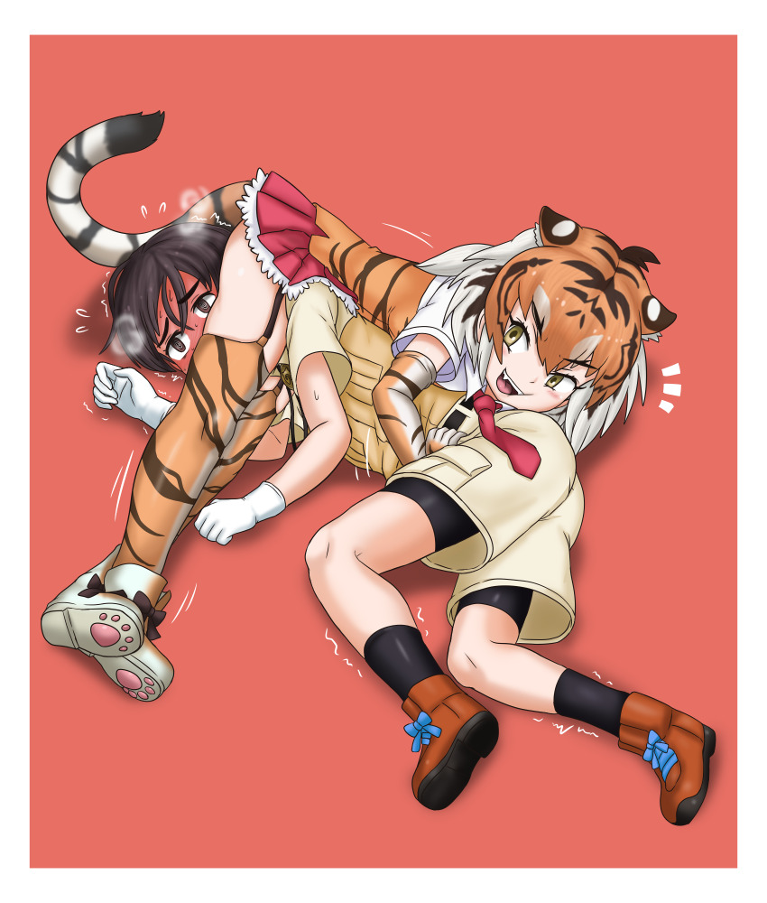 &gt;_&lt; 1boy 1girl ? adansosutega animal_ears animal_print arm_support arms_up bare_arms between_legs bike_shorts bike_shorts_under_shorts black_thighhighs blush breast_pocket brown_hair captain_(kemono_friends) cargo_shorts choke_hold clenched_hand collared_shirt detached_sleeves elbow_gloves embarrassed extra_ears fang femdom flying_sweatdrops full_body furrowed_brow garter_straps gloves hand_on_own_hip hetero highres hug kemono_friends kemono_friends_3 long_hair lying medium_hair miniskirt multicolored_hair necktie open_mouth orange_hair pocket print_thighhighs red_background scissorhold shirt shoes short_hair short_sleeves shorts shorts_under_shorts sidelocks simple_background skirt smile strangling streaked_hair struggling sumatran_tiger_(kemono_friends) sweat tail thighhighs tiger_ears tiger_girl tiger_print tiger_tail trembling white_gloves wrestling yellow_eyes zettai_ryouiki
