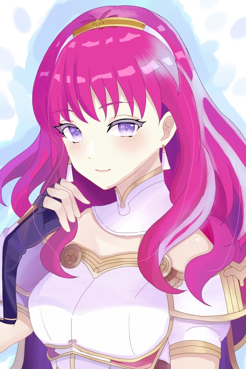 1girl armor aura black_gloves breastplate breasts cape celica_(emblem)_(fire_emblem) celica_(fire_emblem) choker earrings fingerless_gloves fire_emblem fire_emblem_echoes:_shadows_of_valentia fire_emblem_engage gloves highres jewelry long_hair medium_breasts n_54 nintendo princess purple_eyes red_hair solo sparkle sparkling_aura tiara