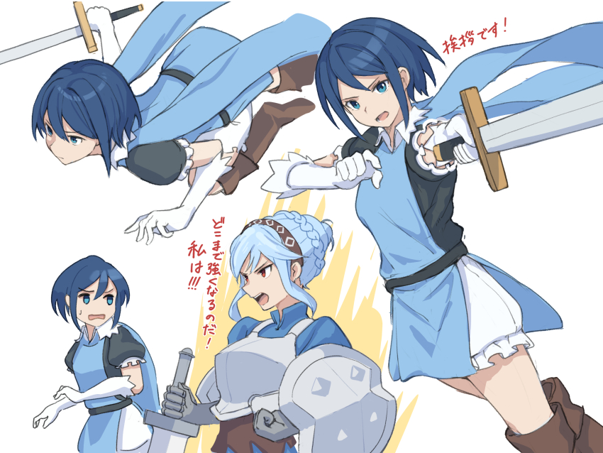 2girls armor blue_cape blue_dress blue_hair boots braid breastplate brown_footwear brown_hairband cape chibi closed_mouth commentary_request crown_braid dress gauntlets gloves grey_gloves hair_bun hairband highres holding holding_sword holding_weapon leah_(unicorn_overlord) medaman multiple_girls open_mouth puffy_sleeves red_eyes shield short_hair short_sleeves sidelocks simple_background single_hair_bun sweatdrop sword translation_request unicorn_overlord virginia_(unicorn_overlord) weapon white_background white_gloves