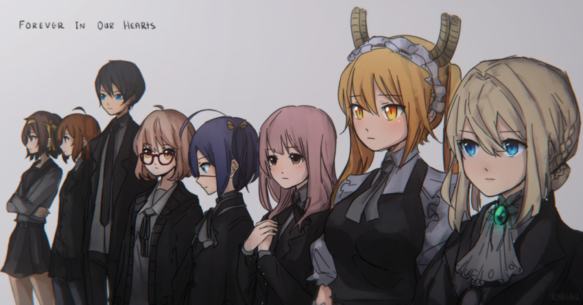 1boy 6+girls adapted_costume ahoge blonde_hair blue_eyes blue_hair chuunibyou_demo_koi_ga_shitai! commentary company_connection crossover dragon_girl dragon_horns english_commentary english_text free! glasses hirasawa_yui horns huge_ahoge k-on! kobayashi-san_chi_no_maidragon koe_no_katachi kuriyama_mirai kyoto_animation kyoukai_no_kanata multiple_crossover multiple_girls nanase_haruka_(free!) nishimiya_shouko orange_eyes orange_hair pink_hair red-framed_eyewear rinkibu slit_pupils suzumiya_haruhi suzumiya_haruhi_no_yuuutsu takanashi_rikka tohru_(maidragon) violet_evergarden violet_evergarden_(series)