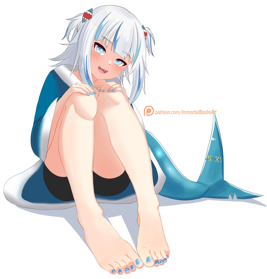 1girl :d absurdres artist_name bare_legs barefoot bike_shorts black_shorts blue_eyes blue_hair blue_hoodie blue_nails blunt_bangs blush commentary english_commentary feet fins fish_tail foot_focus full_body gawr_gura gawr_gura_(1st_costume) grey_hair hands_on_own_knees hands_up highres hololive hololive_english hood hoodie immortalboobs knees_up legs loli looking_at_viewer medium_hair multicolored_hair nail_polish open_mouth paid_reward_available patreon_logo patreon_username shadow shark_girl shark_tail sharp_teeth shorts simple_background sitting smile solo streaked_hair tail teeth toenail_polish toenails toes two_side_up virtual_youtuber watermark web_address white_background white_hair