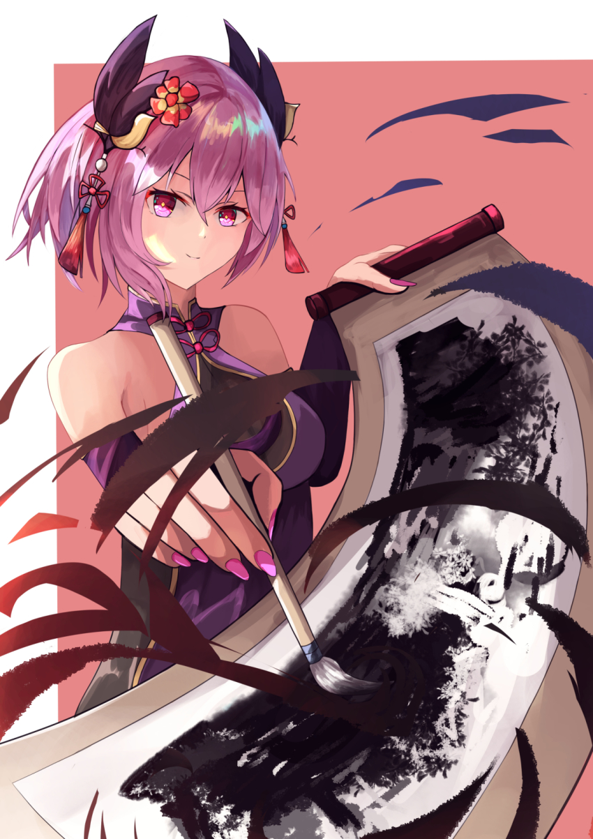 1girl azur_lane bare_shoulders breasts chinese_clothes cleavage_cutout clothing_cutout detached_sleeves hair_between_eyes hair_ornament hane_(feathe02) highres horns kirishima_(azur_lane) kirishima_(graceful_ink_incense)_(azur_lane) looking_at_viewer medium_breasts nail_polish official_alternate_costume paintbrush pink_nails purple_eyes purple_hair red_background scroll short_hair simple_background solo two-tone_background white_background