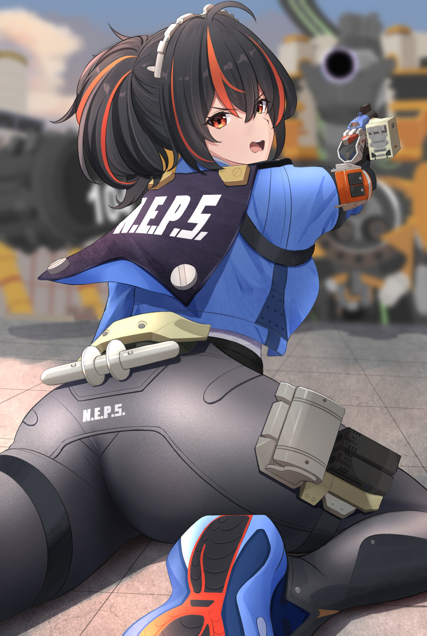 1girl absurdres ahoge ass black_gloves black_hair blue_jacket blue_shoes blurry blurry_background breasts clothes_writing commentary_request cropped_jacket crossed_bangs foreshortening from_behind gloves gun hair_between_eyes handlebar high-waist_pants highres holding holding_gun holding_weapon holster jacket large_breasts long_hair looking_at_viewer metal_hairband multicolored_hair nokonoko open_mouth outdoors pants police police_uniform policewoman ponytail red_eyes red_hair shadow shirt shoes sidelocks solo streaked_hair teeth thigh_holster tight_clothes tight_pants weapon white_shirt zenless_zone_zero zhu_yuan