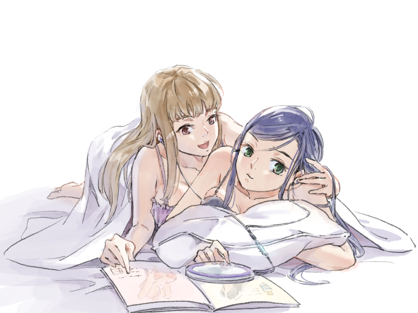 2girls black_bra blue_hair bra brown_hair cd_player cd_walkman closed_mouth commentary earbuds earphones fujino_shizuru green_eyes hand_in_another&#039;s_hair highres kuga_natsuki long_hair lying_on_person magazine_(object) multiple_girls my-hime nichiju_(you) on_bed open_mouth pillow purple_bra red_eyes shared_earphones smile under_covers underwear yuri