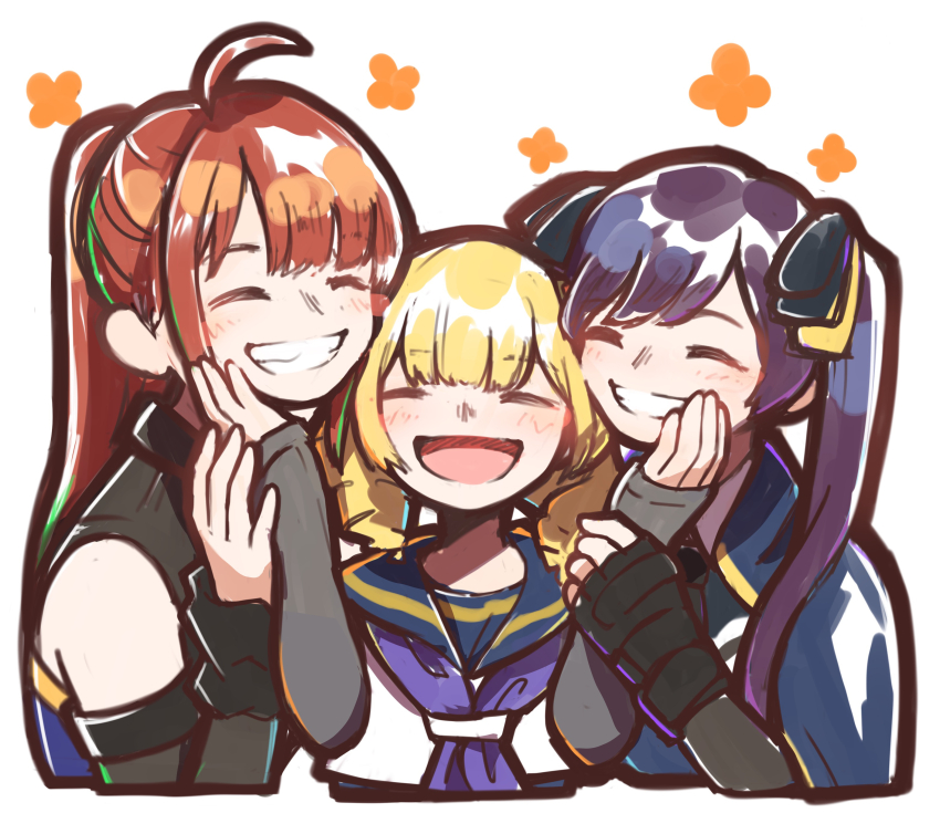 3girls :d ^_^ absurdres ahoge assault_lily black_footwear black_gloves black_ribbon black_shirt blonde_hair blue_cloak blue_sailor_collar blue_shirt blush cloak closed_eyes collared_shirt commentary_request crop_top detached_sleeves drill_hair drill_sidelocks facing_viewer fingerless_gloves flower_symbol girl_sandwich gloves grin hair_ribbon hand_on_another&#039;s_cheek hand_on_another&#039;s_face hand_on_another&#039;s_wrist hand_up hands_up heads_together height_difference high_ponytail highres hishida_haru imamura_yukari_(assault_lily) long_hair multiple_girls nabezoko_no_okoge neckerchief odaiba_girls_high_school_uniform open_mouth orange_hair ponytail purple_hair purple_neckerchief ribbon sailor_collar sandwiched school_uniform serafuku shirt short_hair side-by-side sidelocks simple_background sleeveless sleeveless_shirt sleeves_past_wrists smile twintails two-tone_shirt undershirt white_background yellow_ribbon yokoyama_azusa