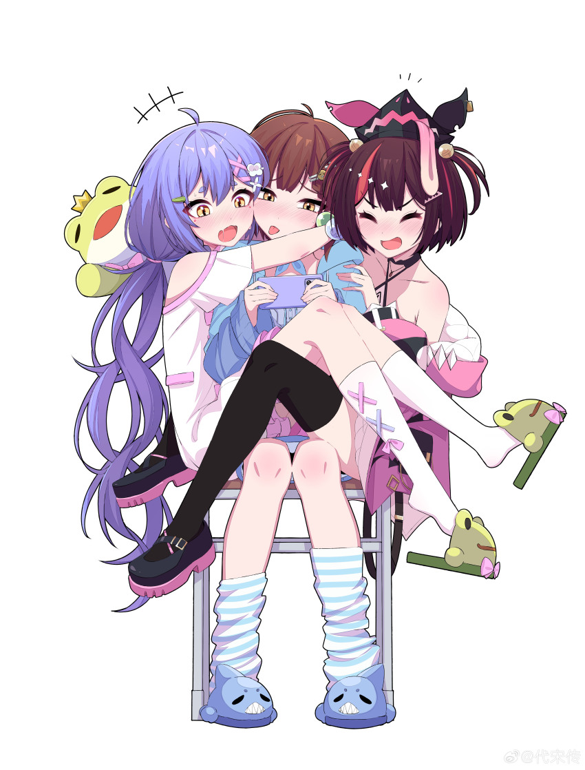 3girls absurdres ahoge asymmetrical_legwear azusa_(vtuber) virtuareal_link black_footwear blue_footwear blush brown_hair cellphone chair chuansongdai closed_eyes hair_ornament highres holding hug kero_(vtuber) virtuareal_link long_hair mismatched_legwear multicolored_hair multiple_girls nanami_(virtuareal) nijisanji off_shoulder open_mouth phone purple_hair red_hair short_hair sitting slippers smartphone socks streaked_hair thighhighs twintails virtual_youtuber virtuareal white_background white_socks yellow_eyes