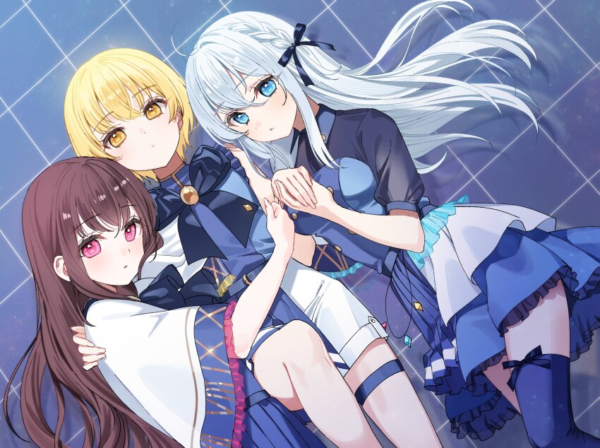 3girls a20_(atsumaru) absurdres aitsuki_nakuru blonde_hair blue_bow blue_bowtie blue_eyes blue_ribbon blush bow bowtie braid brown_hair closed_mouth commentary_request dutch_angle hair_between_eyes hair_ribbon highres holding_hands la_priere large_bow long_hair looking_at_viewer multiple_girls natsume_itsuki_(voice_actor) nayuta_(voice_actor) official_art parted_lips pink_eyes ribbon short_hair thighhighs white_hair yellow_eyes