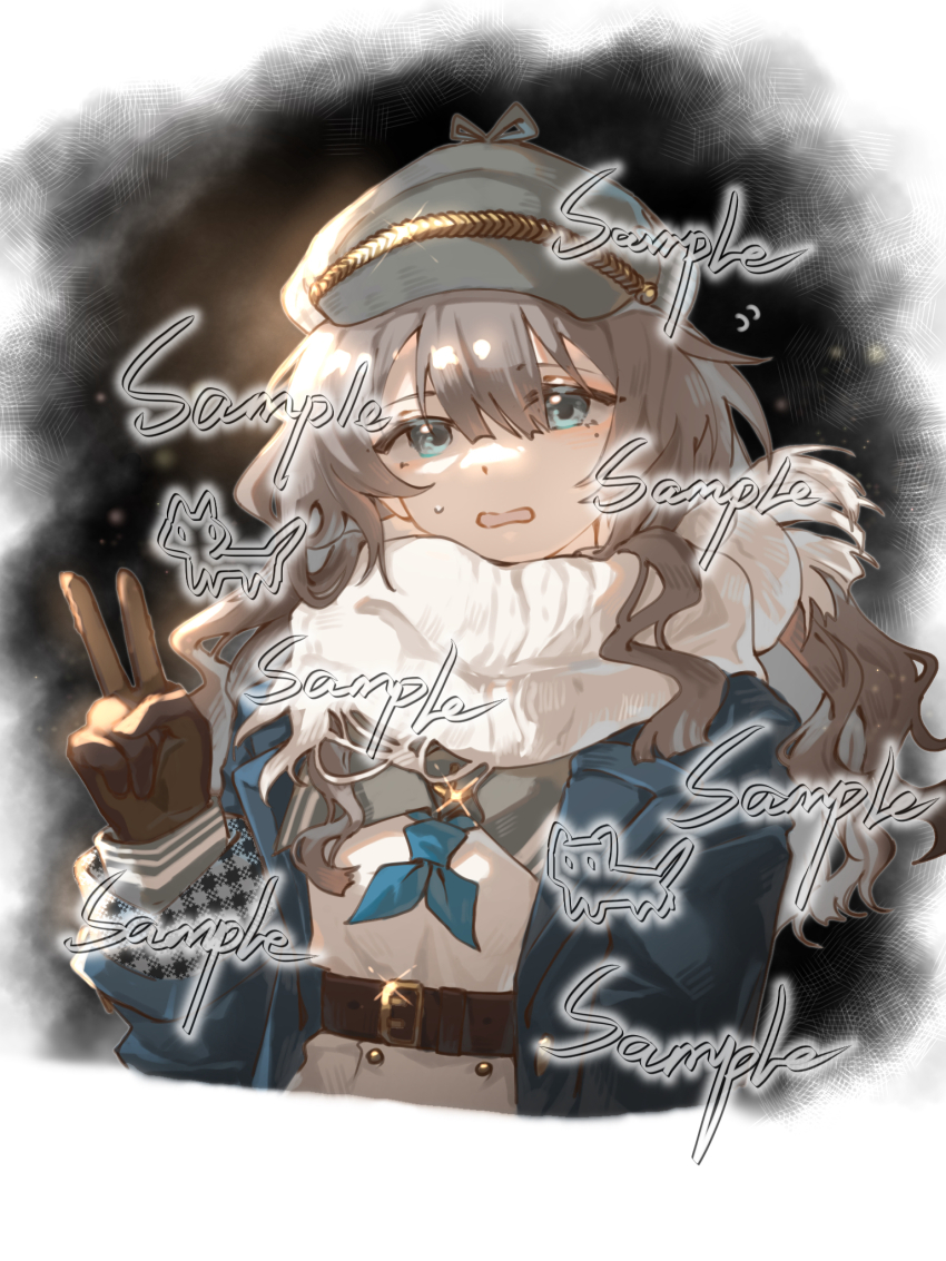1girl again_nuo belt blue_coat blue_eyes blue_neckerchief border brown_belt brown_gloves brown_hair coat commission fading_border gloves grey_hat hand_up hat highres long_hair marcus_(reverse:1999) mole mole_under_eye neckerchief open_mouth reverse:1999 sample_watermark scarf solo sweat upper_body v watermark white_scarf