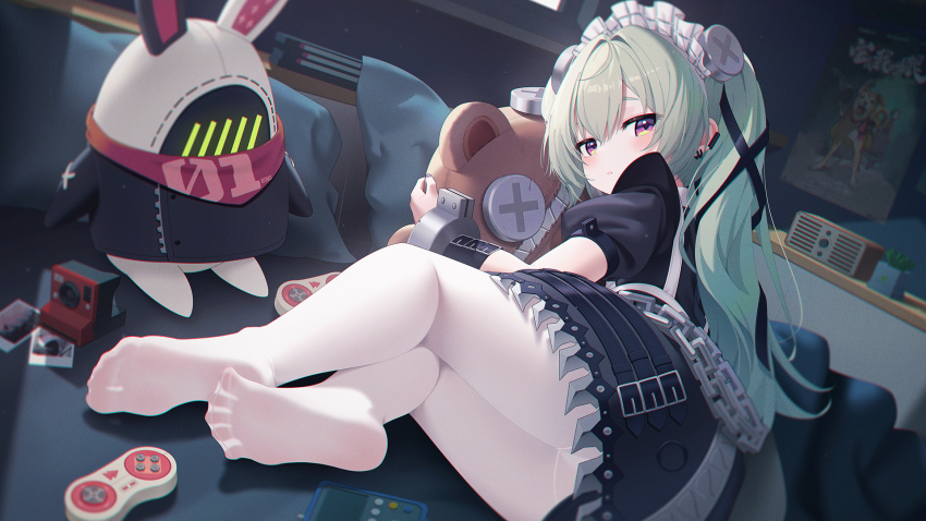 1girl bangboo_(zenless_zone_zero) black_dress black_ribbon camera chain chinese_commentary commentary_request controller corin_wickes dinyc dress earclip earrings eous_(zenless_zone_zero) feet game_controller green_hair hair_between_eyes hair_ribbon highres hugging_doll hugging_object indoors jewelry long_hair looking_at_viewer lying maid maid_headdress no_shoes on_side pantyhose parted_lips pillow poster_(object) puffy_short_sleeves puffy_sleeves purple_eyes ribbon short_sleeves soles stuffed_animal stuffed_toy teddy_bear teeth toes twintails very_long_hair white_pantyhose zenless_zone_zero