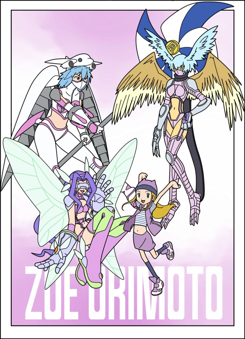 aircraft airplane armor blonde_hair digimon digimon_(creature) digimon_frontier fairimon gloves green_eyes hat head_wings highres jacket jetsilphymon long_hair mask orimoto_izumi short_hair shutumon wings