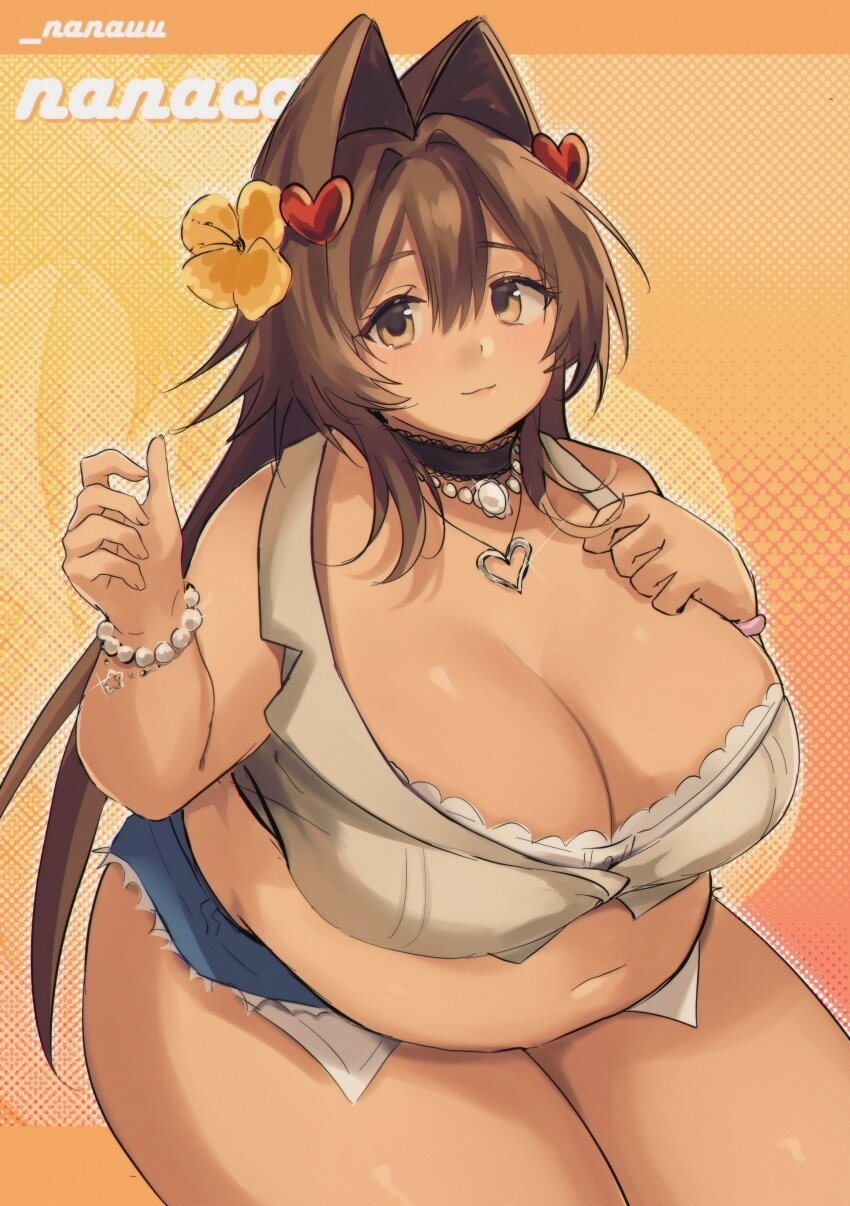 1girl absurdres artist_request borrowed_character bracelet breasts brown_eyes brown_hair character_name choker cleavage crop_top cutoffs fat fat_woman flower flower_on_head hair_intakes hair_ornament hand_on_own_chest heart heart_hair_ornament heart_pendant highres huge_breasts jewelry large_breasts lips long_hair midriff muffin_top nanaco_(meisharan) nanauu navel necklace orange_background original pearl_bracelet pearl_necklace plump short_shorts shorts sitting smile solo thick_thighs thighs