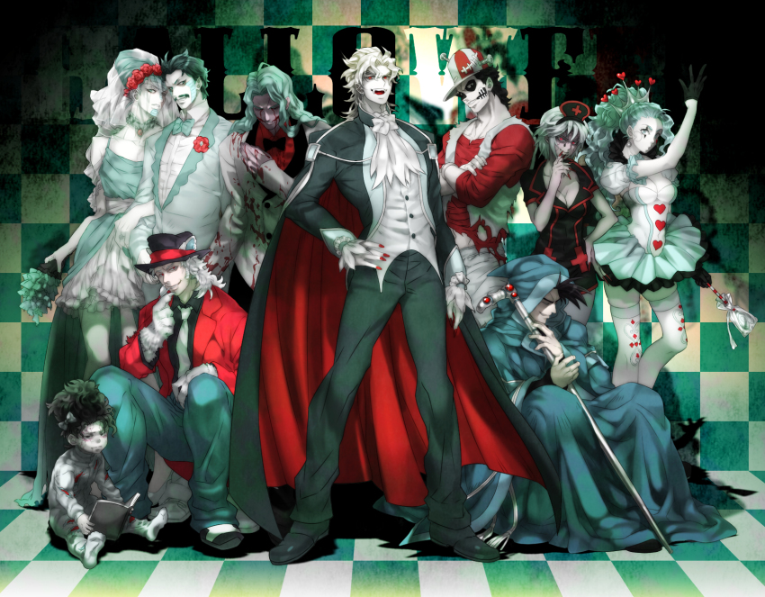 aqua_dress aqua_hair black_hair blonde_hair blood blood_on_clothes blood_on_face boingo bow bowtie breasts bridal_veil cape checkered_floor cleavage colored_skin cosplay crossdressing crossed_arms crown daniel_j._d&#039;arby dio_brando dracula dracula_(cosplay) dress closed_eyes facial_hair facial_tattoo fangs flower formal_clothes frankenstein&#039;s_monster frankenstein&#039;s_monster_(cosplay) halloween hand_on_own_hip hat head_wreath highres hol_horse jojo_no_kimyou_na_bouken kakipiinu locked_arms long_hair mariah_(jojo) medium_breasts medium_hair midler mustache n&#039;doul nail_polish necktie nurse oingo open_mouth pale_skin red_eyes red_nails robe rose short_hair smile squatting staff stardust_crusaders suit tattoo terence_t._d&#039;arby thighhighs tuxedo vampire vanilla_ice veil wedding_dress white_hair white_skin
