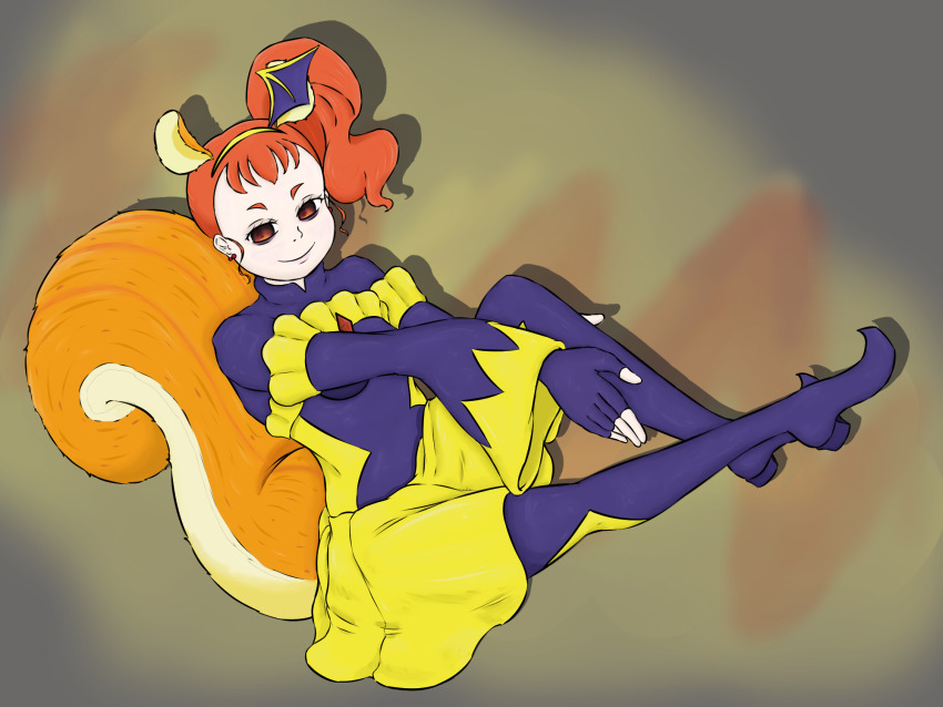 animal_ears bad_end_precure bad_end_precure_(cosplay) bodysuit breasts corruption cosplay cure_custard dark_persona elly_snail empty_eyes highres kirakira_precure_a_la_mode latex latex_bodysuit orange_eyes orange_hair precure side_ponytail sitting skirt small_breasts smile smile_precure! squirrel_ears squirrel_girl squirrel_tail tail yellow_skirt