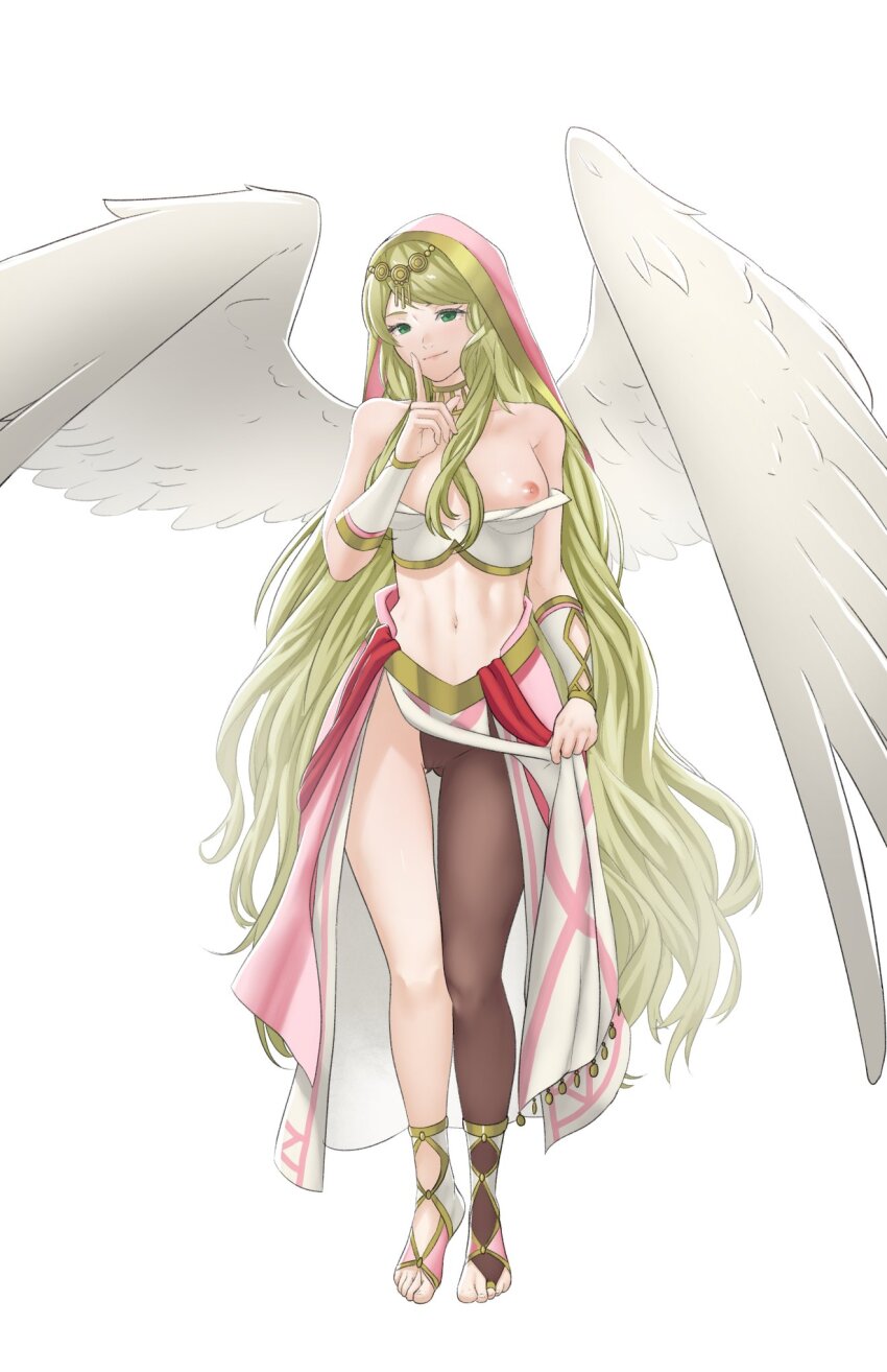 1girl angel_wings bare_shoulders breasts bridal_legwear brown_pantyhose closed_mouth collarbone commentary dancer english_commentary eyelashes feathered_wings feet finger_to_face fire_emblem fire_emblem:_radiant_dawn fire_emblem_heroes full_body gluteal_fold green_eyes green_hair hand_up highres leanne_(fire_emblem) leanne_(hatari)_(fire_emblem) legs looking_at_viewer medium_breasts midriff navel nintendo nipples no_shoes pantyhose pink_skirt pomelomelon simple_background single_leg_pantyhose skirt solo swept_bangs thighs toeless_legwear toes veil white_background white_skirt white_wings wings
