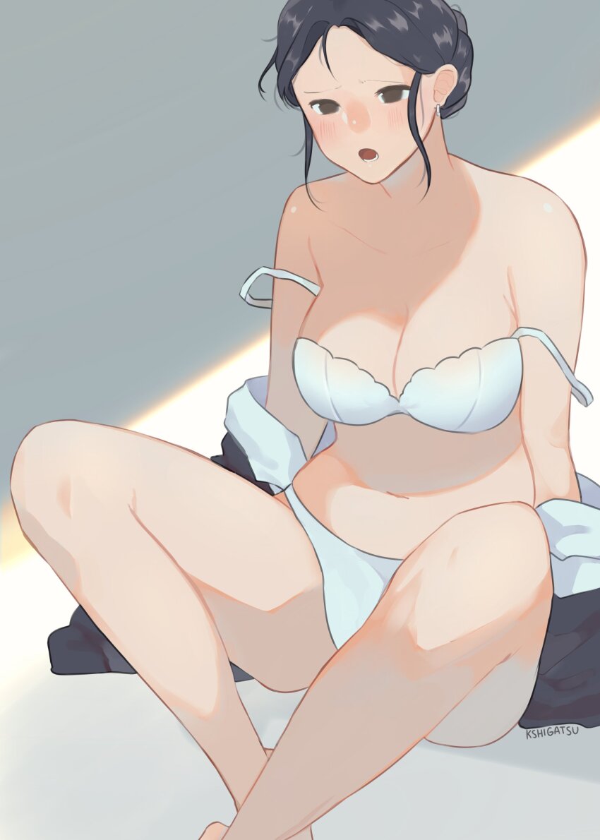 1girl absurdres black_hair bra bra_slip breasts brown_eyes cleavage crossed_legs earrings feet_out_of_frame highres jewelry knees_up kshigatsu large_breasts looking_to_the_side medium_breasts navel open_mouth original panties sidelocks signature sitting solo underwear underwear_only white_bra white_panties