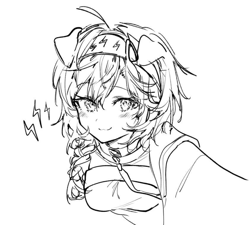 1girl 414_(hncx3355) ahoge animal_ears arknights braid breasts cat_ears closed_mouth goldenglow_(arknights) greyscale hairband lightning_bolt_print lightning_bolt_symbol long_hair looking_at_viewer medium_breasts monochrome print_hairband selfie shirt simple_background single_braid smile solo white_background