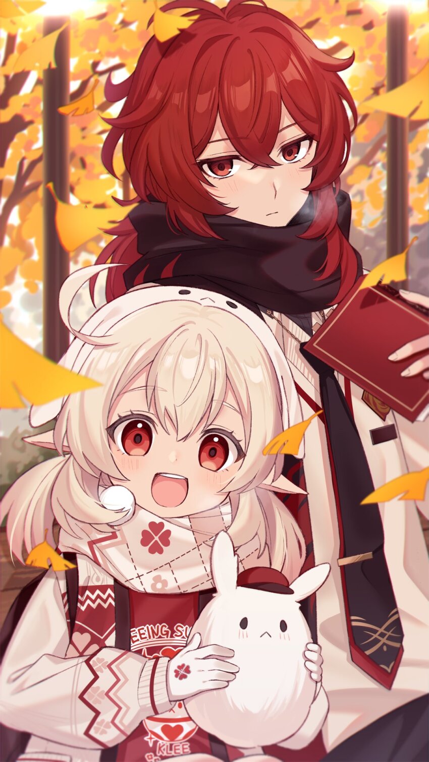 1boy 1girl :d ahoge animal_hat antenna_hair bench black_necktie black_scarf blonde_hair blush book character_name closed_mouth clothes_writing clover_print commentary_request crossed_bangs diluc_(genshin_impact) diluc_(red_dead_of_night)_(genshin_impact) dodoco_(genshin_impact) expressionless eyelashes falling_leaves genshin_impact ginkgo_leaf hair_between_eyes hair_intakes hand_up hat highres holding holding_book jumpy_dumpty klee_(genshin_impact) kn_(akairo0530) lamppost leaf long_hair looking_at_viewer low_ponytail low_twintails multicolored_sweater necktie on_bench open_mouth outdoors pointy_ears pom_pom_(clothes) ponytail print_scarf print_sweater red_eyes red_hair red_necktie red_sweater scarf sidelocks sitting smile sweater teeth tie_clip tree twintails upper_teeth_only white_hat white_scarf white_sweater