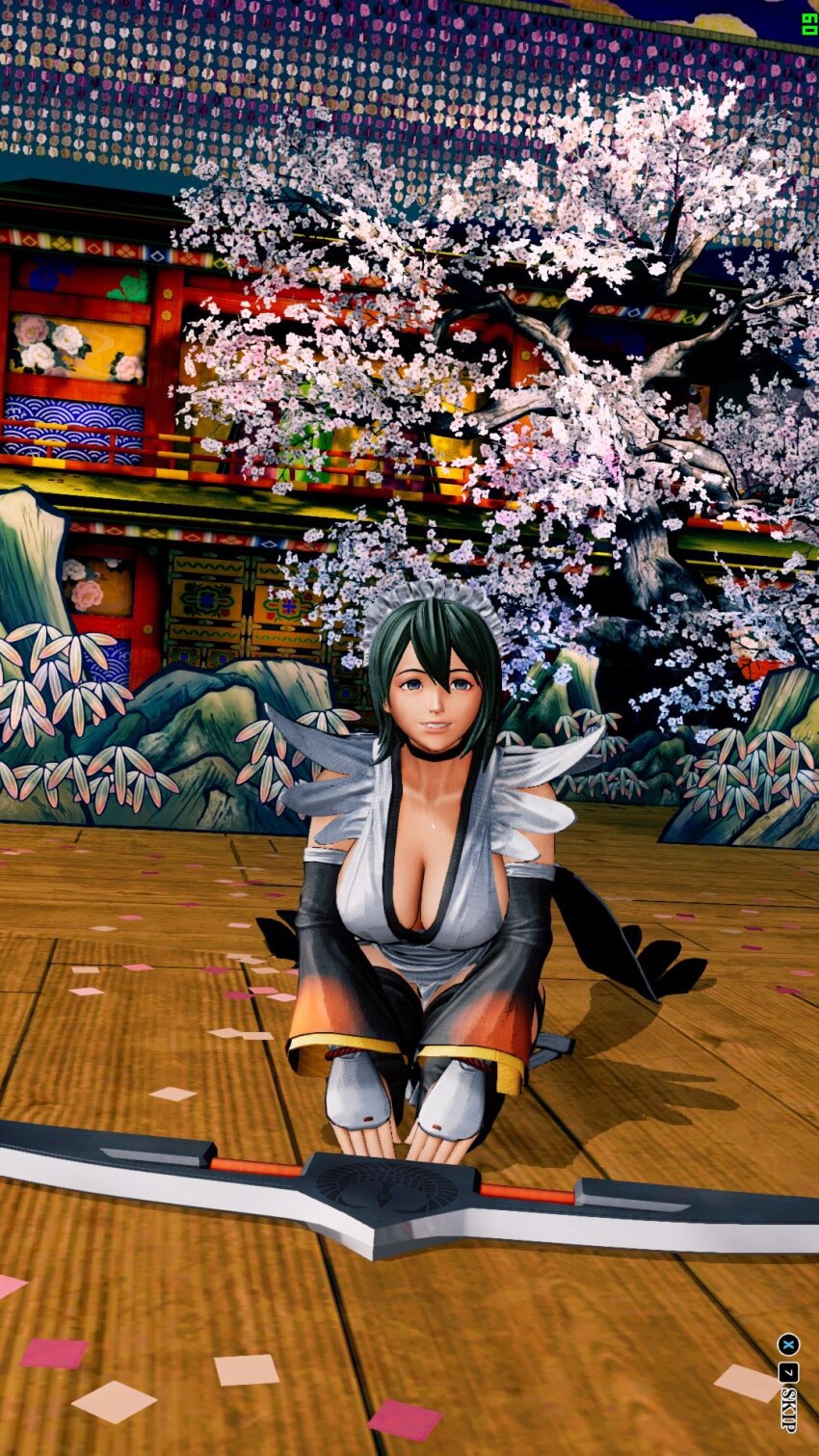 1girl 3d black_hair black_leotard breast_focus breasts butterfly_swords full_body highleg highleg_leotard highres iroha_(samurai_spirits) kneeling large_breasts leotard leotard_under_clothes lips looking_to_the_side maid maid_headdress nature ryona samurai_spirits screencap shiny_skin short_hair sideboob sitting thighhighs third-party_edit weapon wide_hips