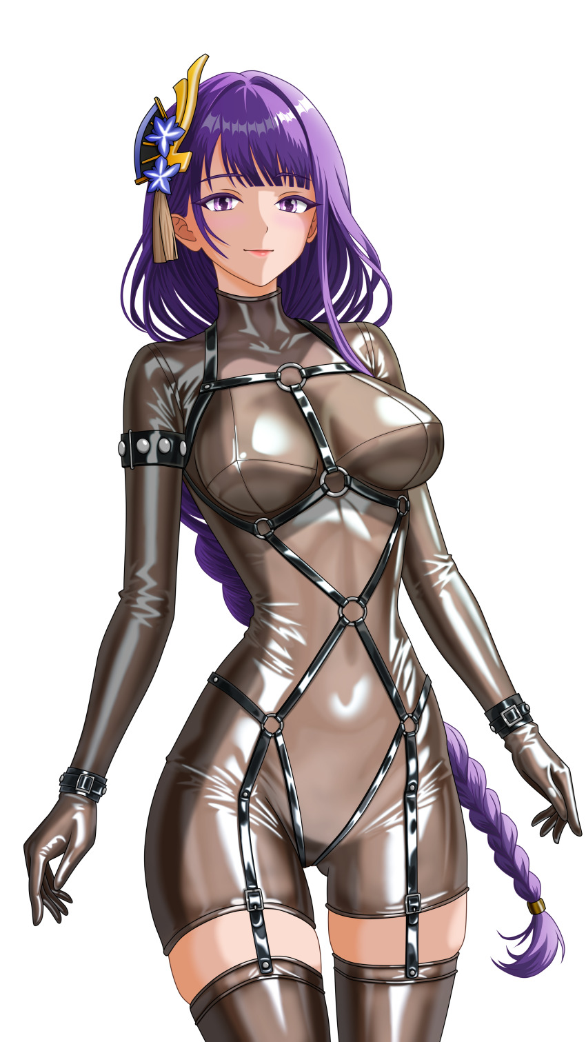 1girl absurdres bodysuit braid breasts brown_bodysuit cuffs garter_straps genshin_impact hair_ornament harness highres kstrx-tca large_breasts latex latex_bodysuit long_hair looking_at_viewer purple_eyes purple_hair raiden_shogun shiny_clothes skin_tight solo thighhighs very_long_hair white_background