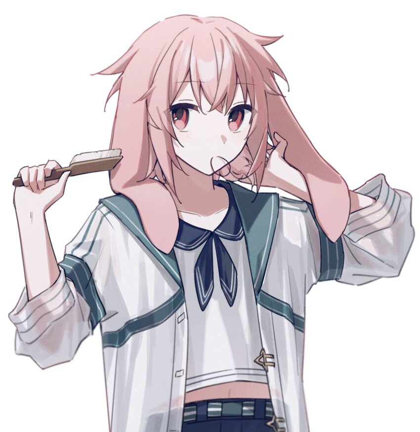 1boy animal_ears ansel_(arknights) ansel_(casual_vacation)_(arknights) arknights blue_neckerchief blue_sailor_collar brushing_hair hair_brush hair_tie hair_tie_in_mouth hand_in_own_hair hands_up highres holding holding_hair_brush jacket long_hair long_sleeves looking_at_viewer male_focus mouth_hold navel neckerchief odjikasu official_alternate_costume open_clothes open_jacket pink_hair rabbit_ears red_eyes sailor_collar see-through_clothes see-through_jacket shirt simple_background sleeves_past_wrists solo trap white_background white_jacket white_shirt