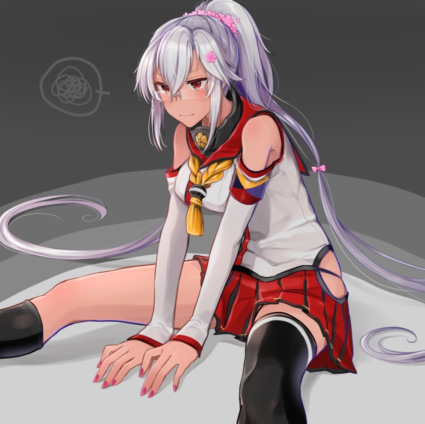1girl alternate_costume alternate_hairstyle arm_support bare_shoulders black_thighhighs blush bow breasts clothing_cutout cosplay crossed_bangs dark-skinned_female dark_skin detached_sleeves female_focus flower glasses grey-framed_eyewear hair_between_eyes hair_bow hair_flower hair_ornament highres hip_vent kantai_collection leaning_forward long_hair medium_breasts miniskirt musashi_(kancolle) musashi_kai_ni_(kancolle) nail_polish pink_bow pink_nails pleated_skirt ponytail red_eyes red_skirt semi-rimless_eyewear shoulder_cutout sidelocks silver_hair single_thighhigh sitting skindentation skirt solo spread_legs thighhighs thighs very_long_hair yamato_(kancolle) yamato_(kancolle)_(cosplay) yunamaro z-flag