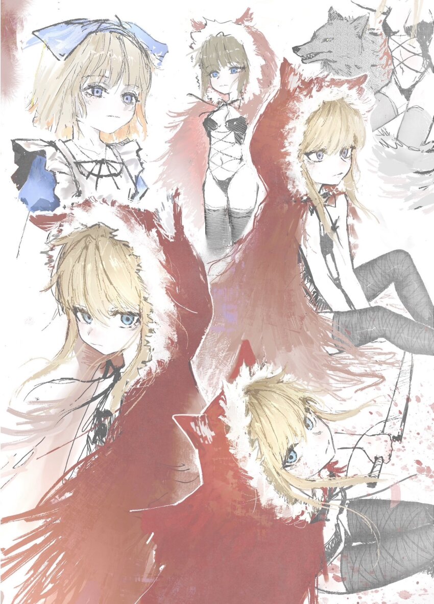 1girl animal_ear_hood between_legs black_souls black_thighhighs blonde_hair blue_dress blue_eyes blue_ribbon breasts cloak closed_mouth colored_skin cowboy_shot dress expressionless fake_animal_ears from_above goddkilly hair_between_eyes hair_ribbon hand_between_legs head_out_of_frame highres holding holding_knife hood knife looking_ahead looking_at_viewer multiple_views navel puffy_short_sleeves puffy_sleeves red_cloak red_hood_(black_souls) ribbon short_hair short_hair_with_long_locks short_sleeves simple_background sitting sketch small_breasts standing stomach thighhighs upper_body white_background white_skin wolf wolf_hood
