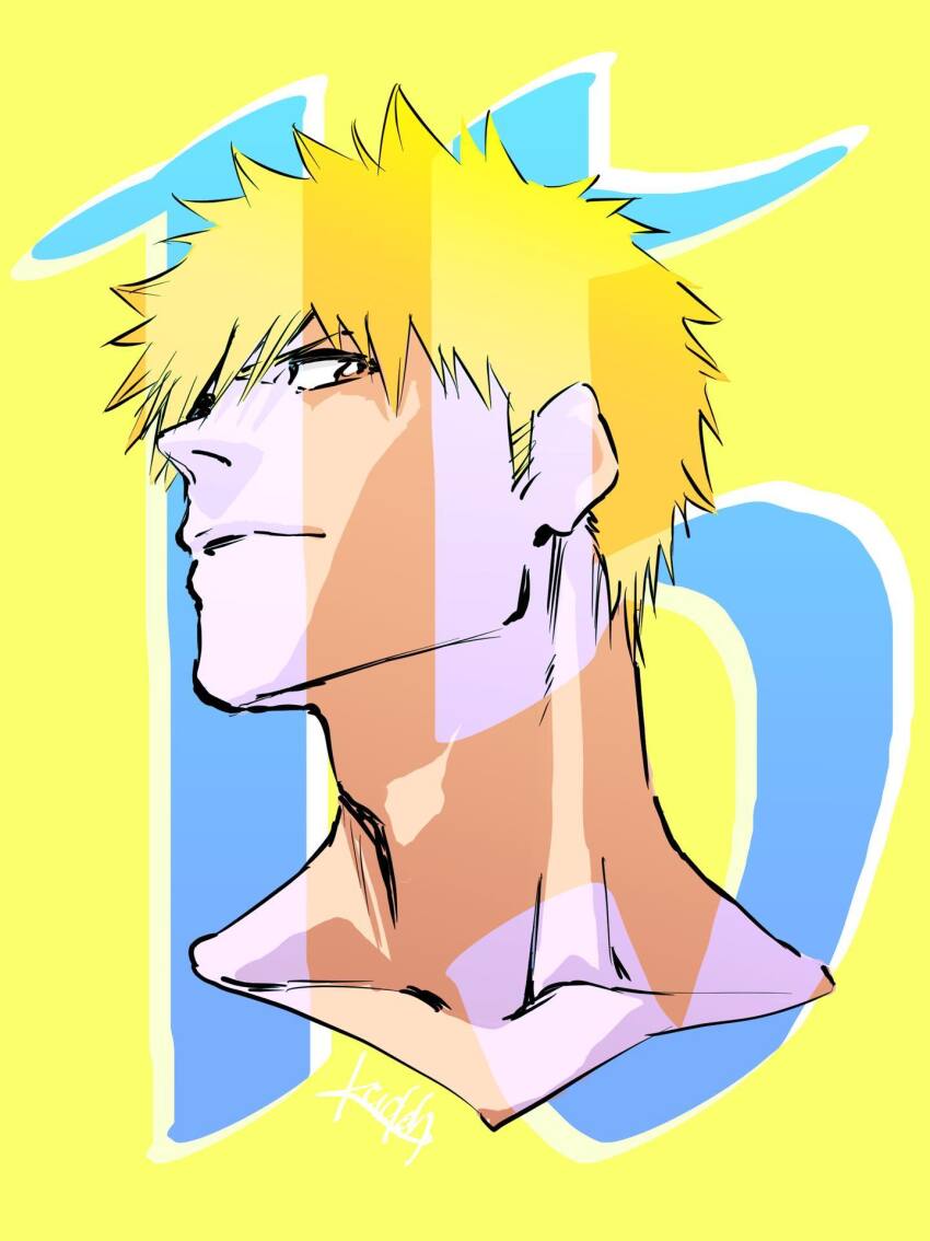 1boy bleach blonde_hair collarbone cropped_head highres kudou_masashi kurosaki_ichigo male_focus orange_eyes portrait profile solo yellow_background
