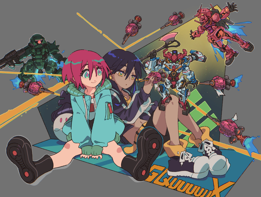 2girls amate_yuzuriha aqua_eyes axe bit_(gundam) black_hair closed_mouth gquuuuuux green_eyes gundam gundam_gquuuuuux haro hat heat_hawk highres holding holding_axe holding_weapon jacket kitano_yuusuke long_hair long_sleeves looking_at_viewer mecha midriff mobile_suit multiple_girls nyaan_(gundam_gquuuuuux) red_gundam red_hair robot science_fiction shirt shoes short_hair skirt smile sneakers thrusters v-fin weapon yellow_eyes zaku_ii