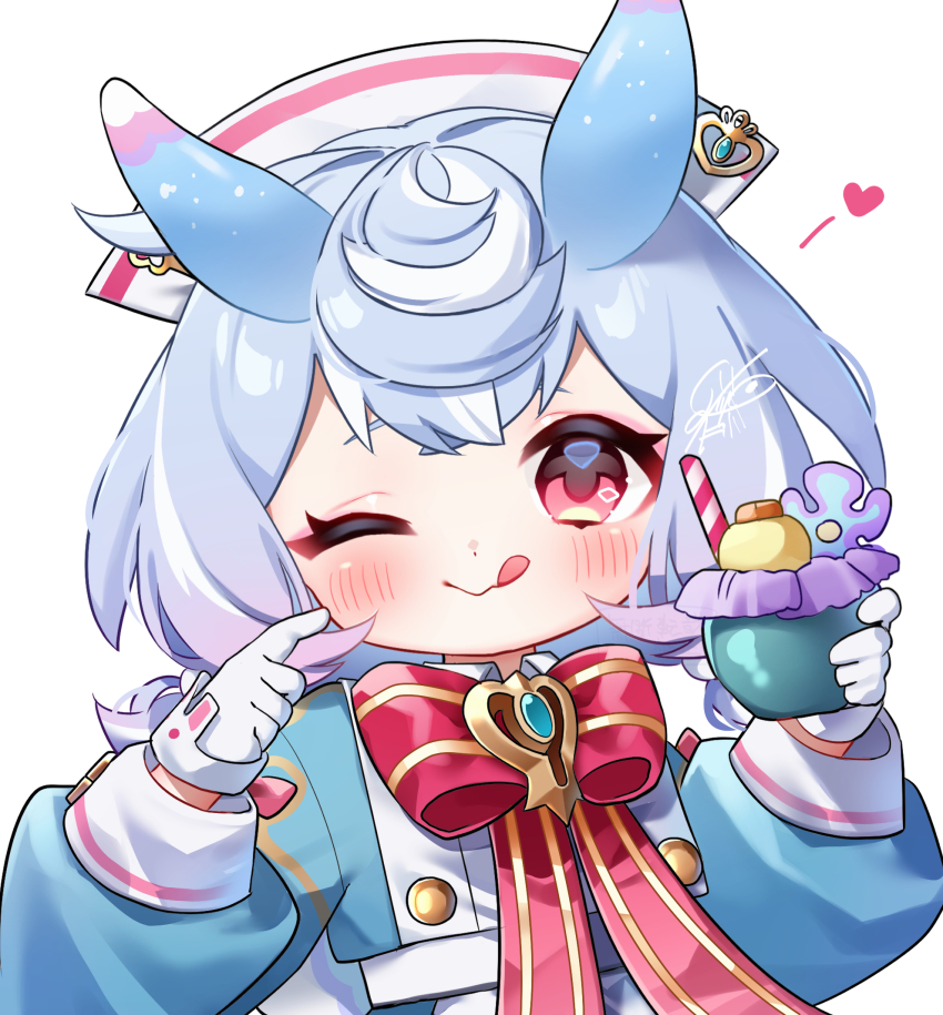 1girl ;q animal_ears aqua_shirt artist_name blue_hair blush bow bowtie brooch buttons closed_mouth commentary_request crossed_bangs cup drinking_straw genshin_impact gloves gradient_hair hair_between_eyes hair_ornament hands_up hat heart highres holding holding_cup jewelry long_sleeves looking_at_viewer low_twintails meda_cha medium_hair milkshake multicolored_hair nurse_cap one_eye_closed pom_pom_(clothes) pom_pom_hair_ornament puffy_long_sleeves puffy_sleeves purple_hair red_bow red_bowtie red_eyes shirt sidelocks sigewinne_(genshin_impact) signature simple_background smile solo tongue tongue_out twintails upper_body white_background white_gloves white_hat
