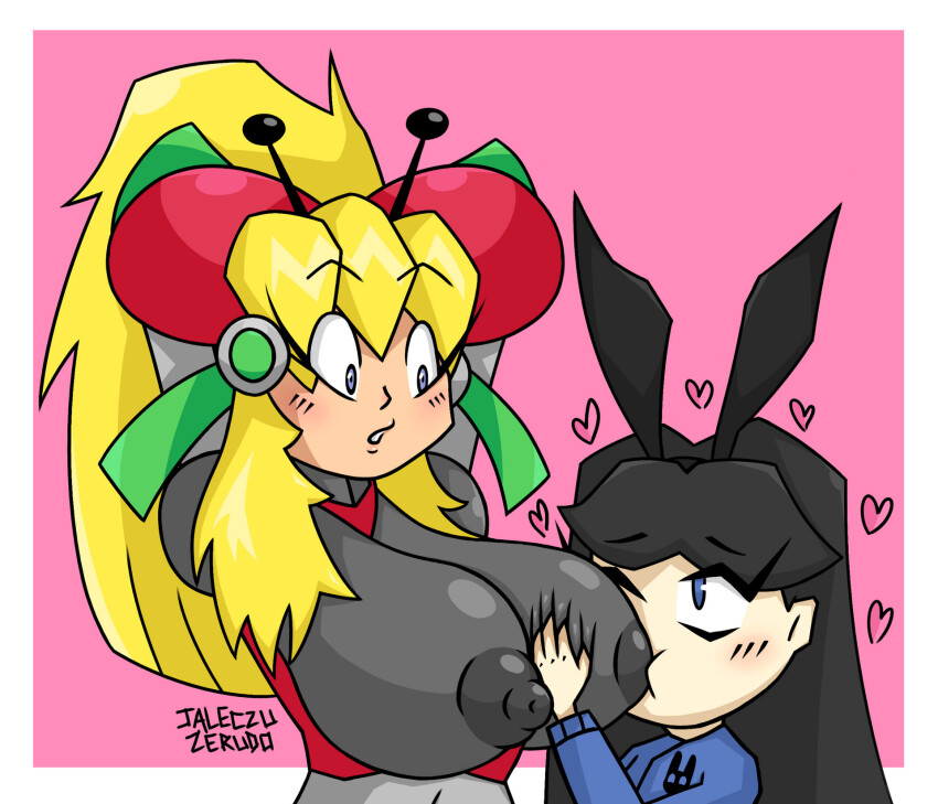 antennae arm_behind_head armor armored_gloves arms_up bikini_armor blonde_hair blue_eyes blush breast_sucking breasts cowboy_shot grabbing_another&#039;s_breast green_ribbon groping hair_ribbon hairband hands_up headphones heart highres hyper_roll_(marvel_vs._capcom) jaleczu_zerudo joints large_breasts long_hair looking_at_another looking_at_viewer marvel_vs._capcom mechanical_arms mechanical_legs mega_man_(classic) mega_man_(series) oc_x_canon pink_background ponytail radio_antenna red_armor ribbon robot robot_girl robot_joints roll_(mega_man) shoulder_armor sidelocks simple_background size_difference smile two-tone_background white_background yuri
