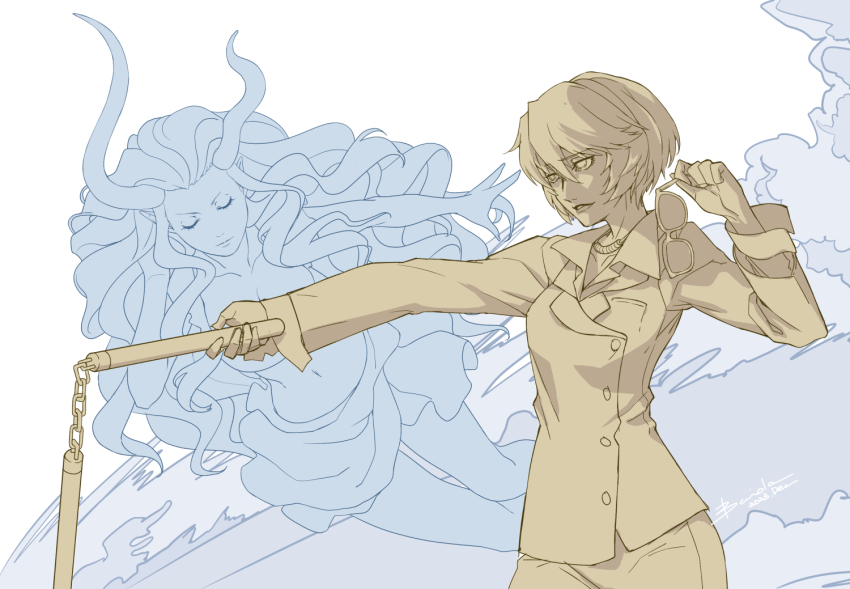 2girls baiola breasts character_request devil_summoner_(game) devil_summoner_(series) formal_clothes greyscale holding holding_nunchaku holding_weapon horns jewelry lips monochrome multiple_girls navel necklace nunchaku rei_reiho short_hair smile suit sunglasses weapon